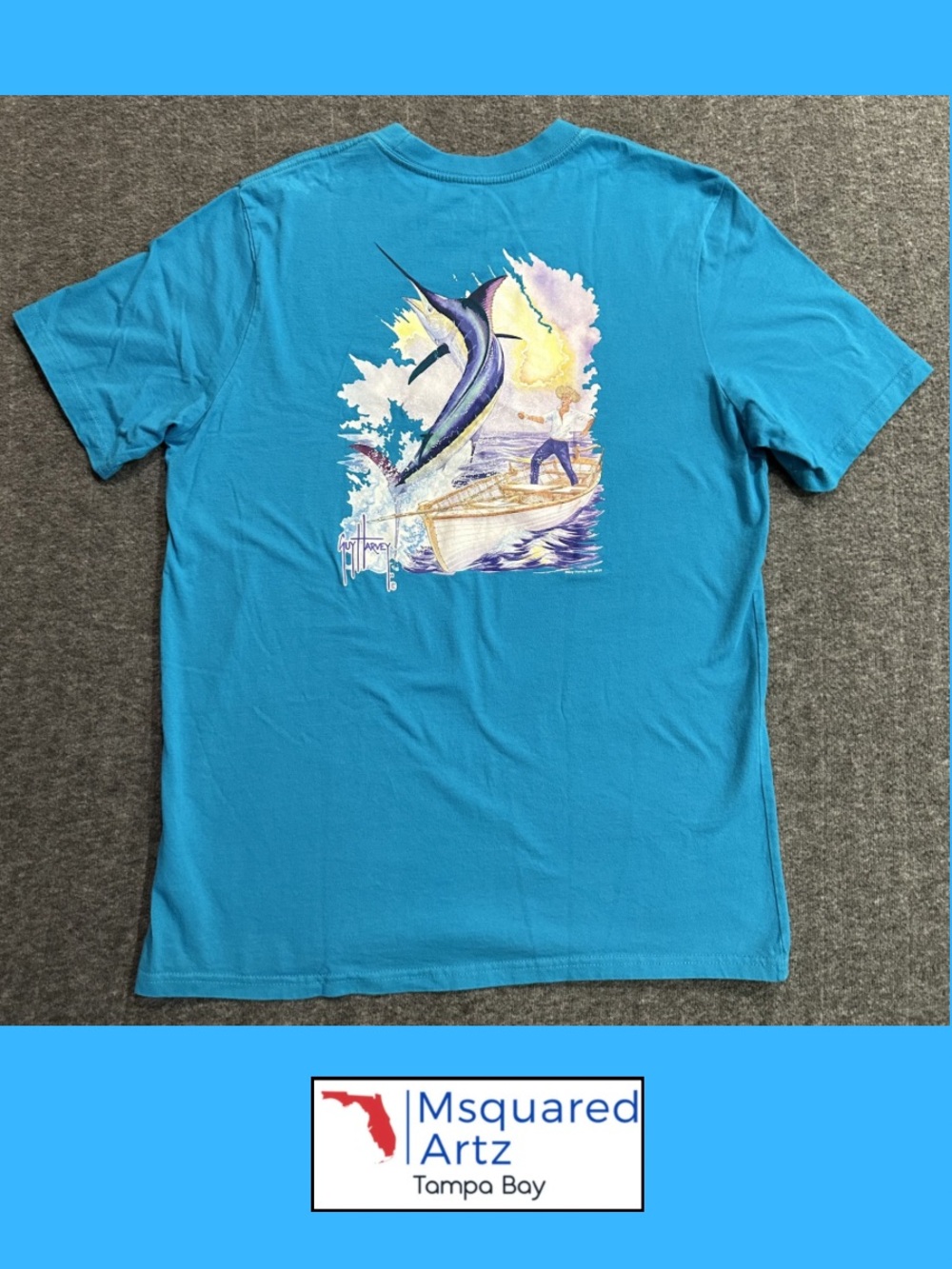Guy Harvey Marlin Fishing Tshirt Mens Large Blue Graphic Short Sleeve Cotton Tee
